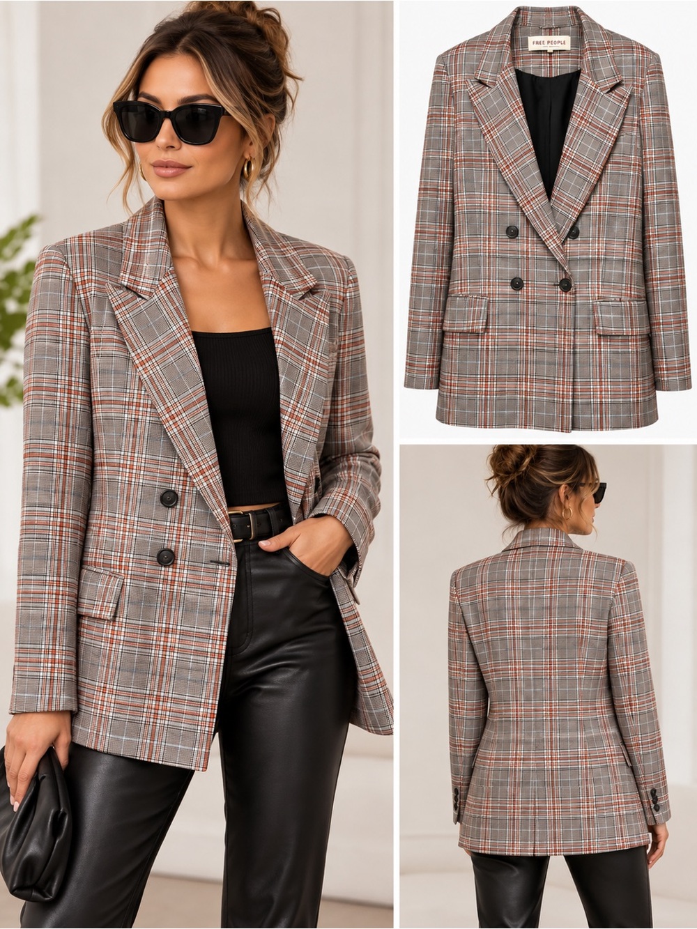 Free People Uptown Girl Plaid Oversized Double Breasted Blazer M